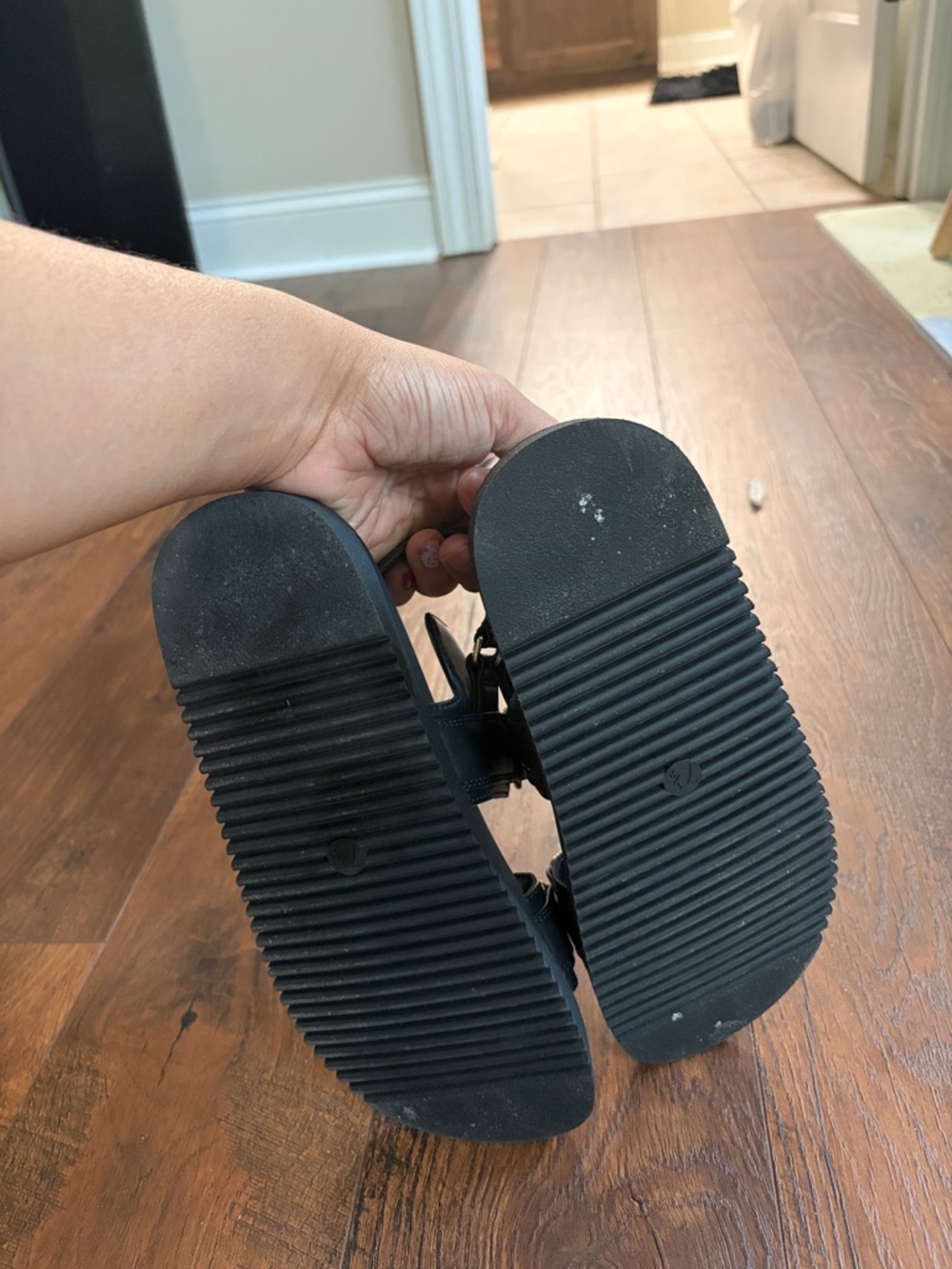 a new day Black Leather Strap Sandals with Gold Buckle - Picture 4 of 4